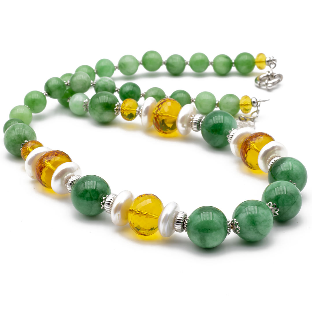collana con giada verde quarzo citrino e perle in argento 925 - via condotti store