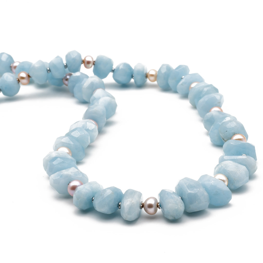collana pietre dure girocollo con acquamarina grezza e perle in argento - via condotti store