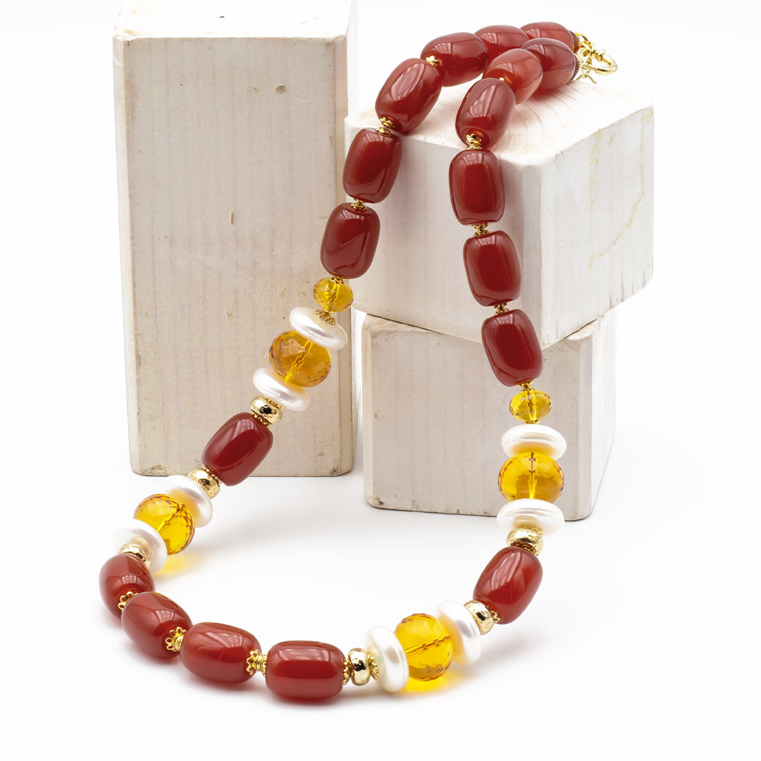 Collier En Pierres Dures : Cornioline, Corail Et Quartz Avec Argent 925 - Neuf Avec étiquettes