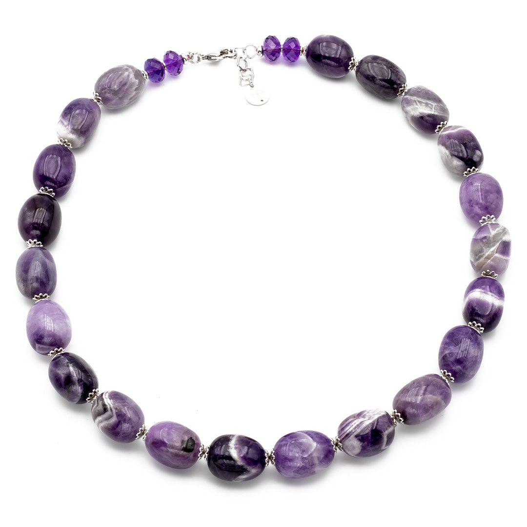 collana girocollo in ametista naturale taglio sassi e argento rodiato e pietre dure - via condotti store