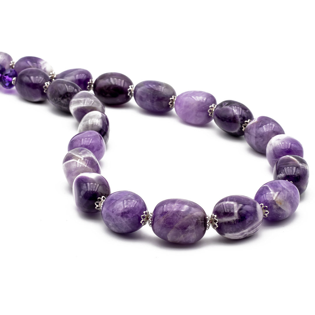 collana in argento rodiato e pietre dure con ametista naturale forma sassi - via condotti store