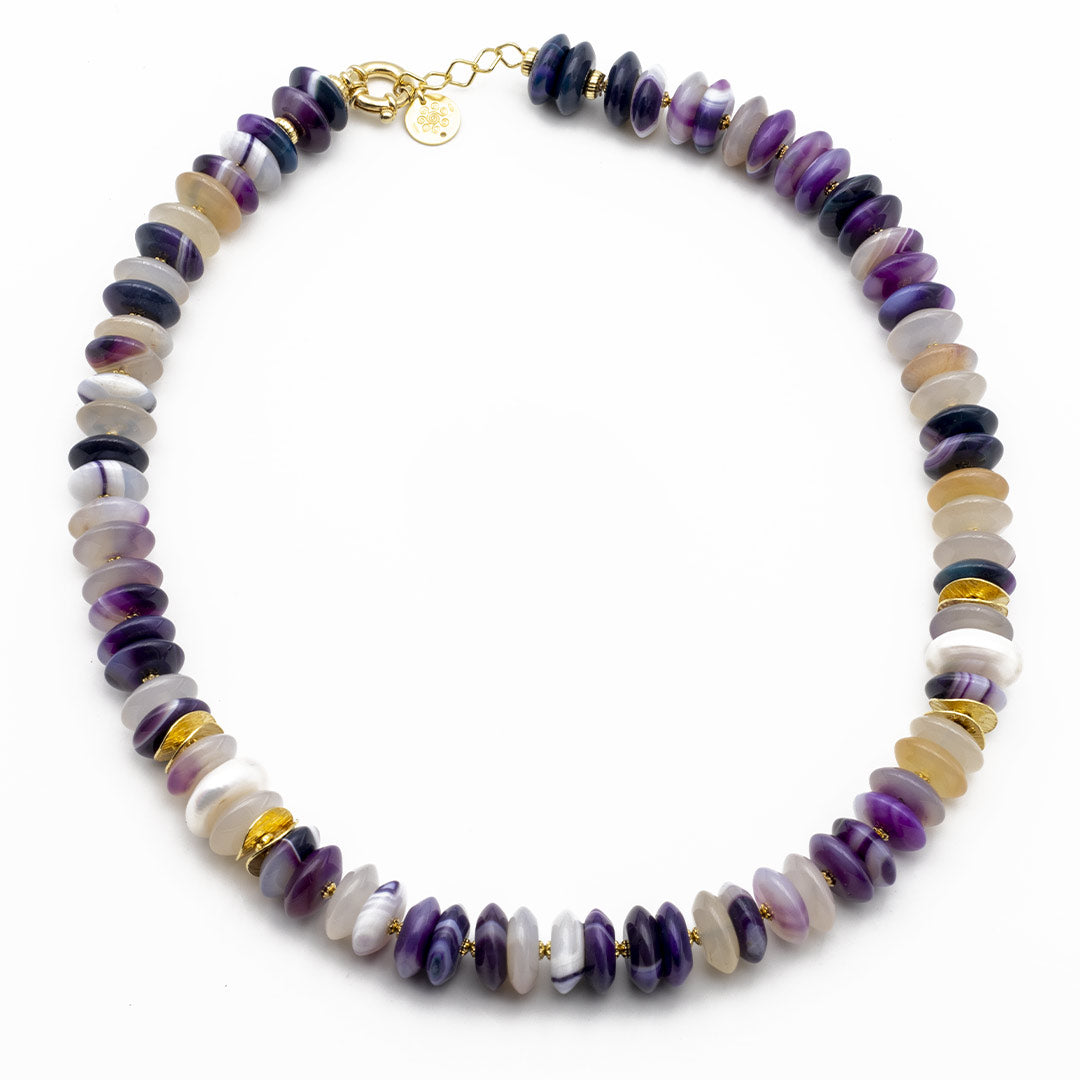 collana girocollo in pietre dure con agata viola naturale e argento placcato oro - via condotti store