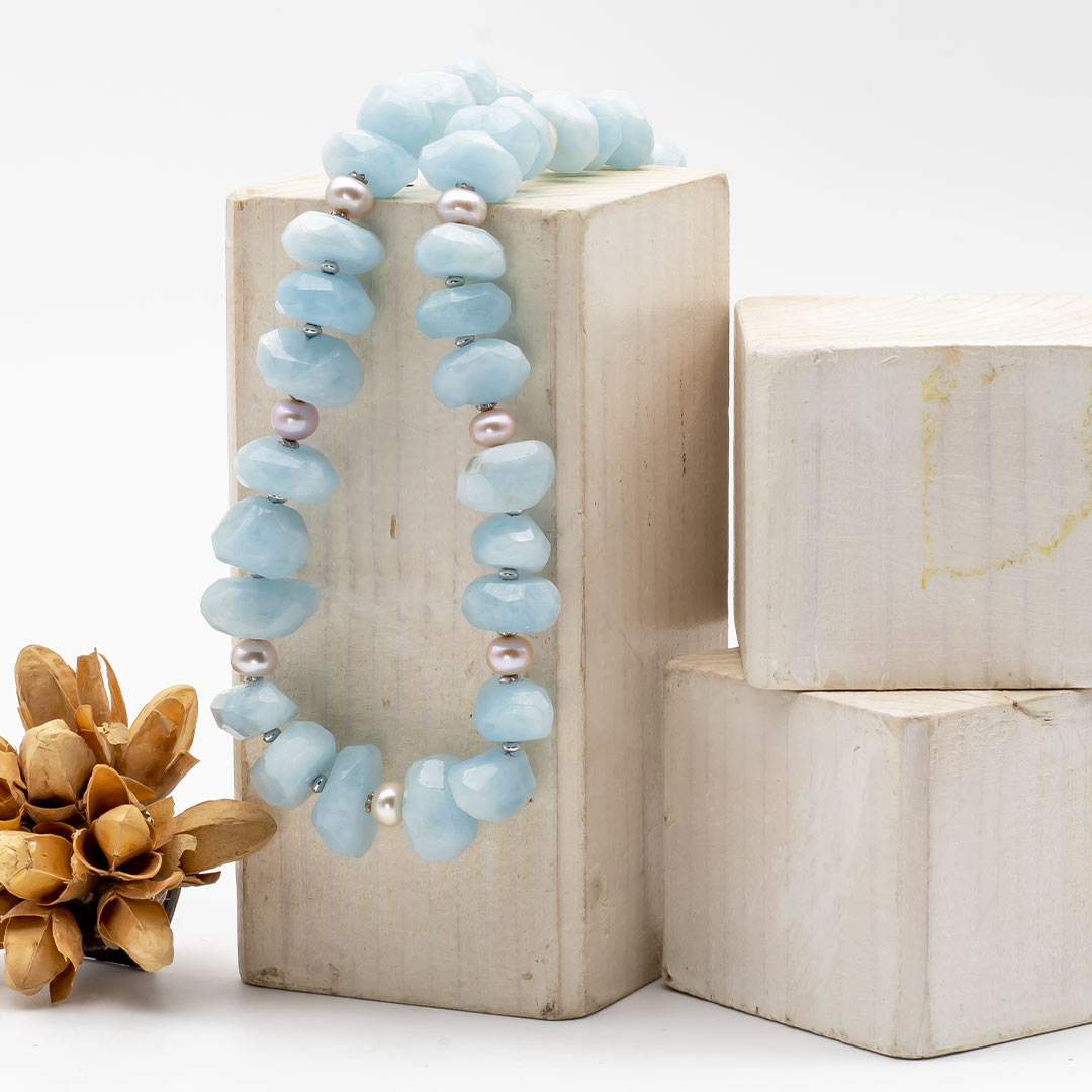 collana pietre dure in acquamarina grezza e perle in argento - via condotti store