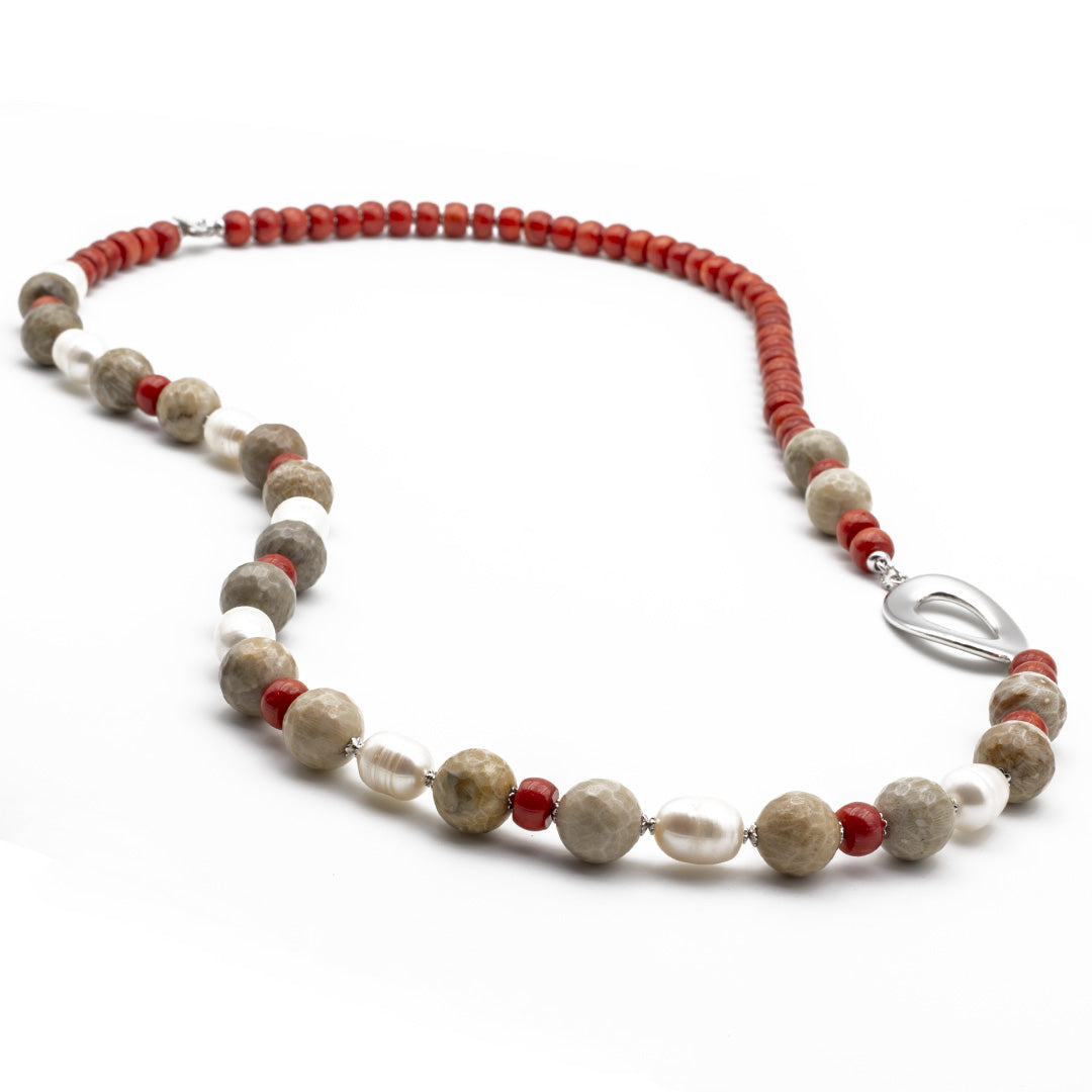 collana con corallo perle e grossularia in argento rodiato - via condotti store