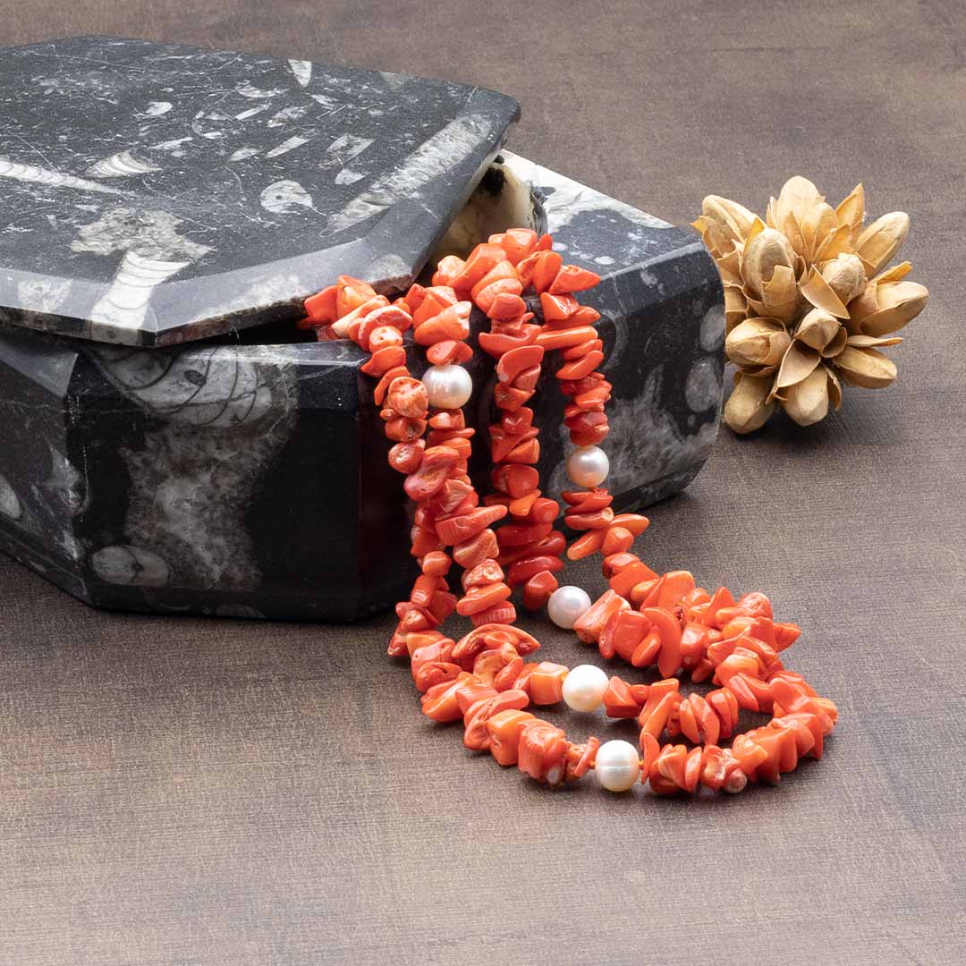 collana lunga in corallo grezzo e perle - via condotti store