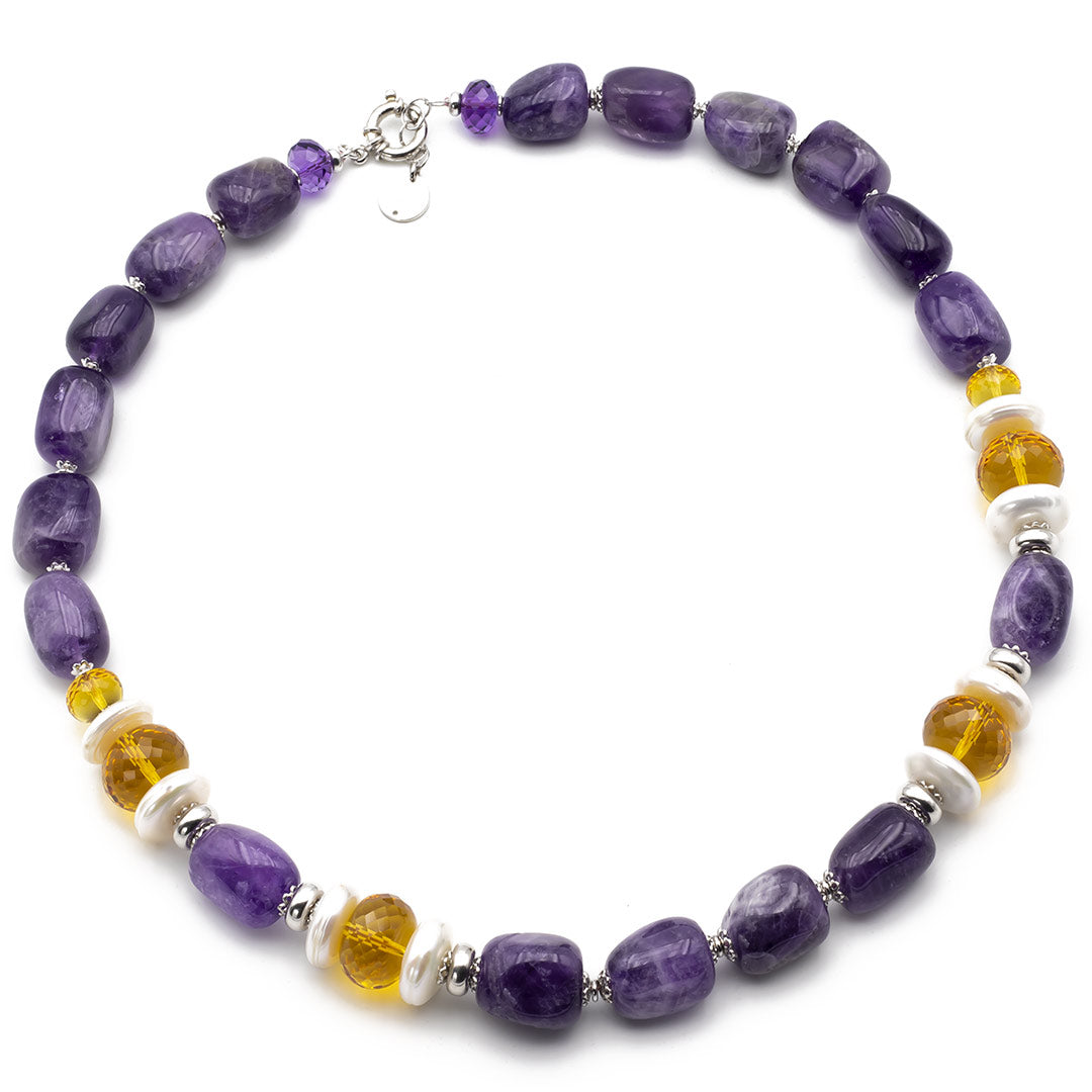 girocollo collana in pietre dure e argento con ametista, quarzo citrino e perle - via condotti store