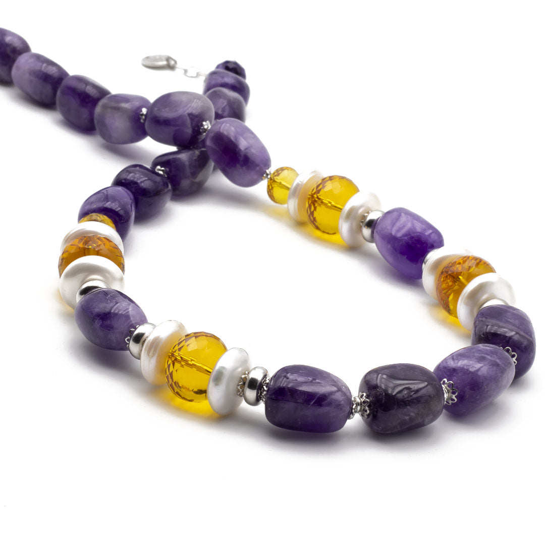 collana in pietre dure e argento con ametista, quarzo citrino e perle - via condotti store