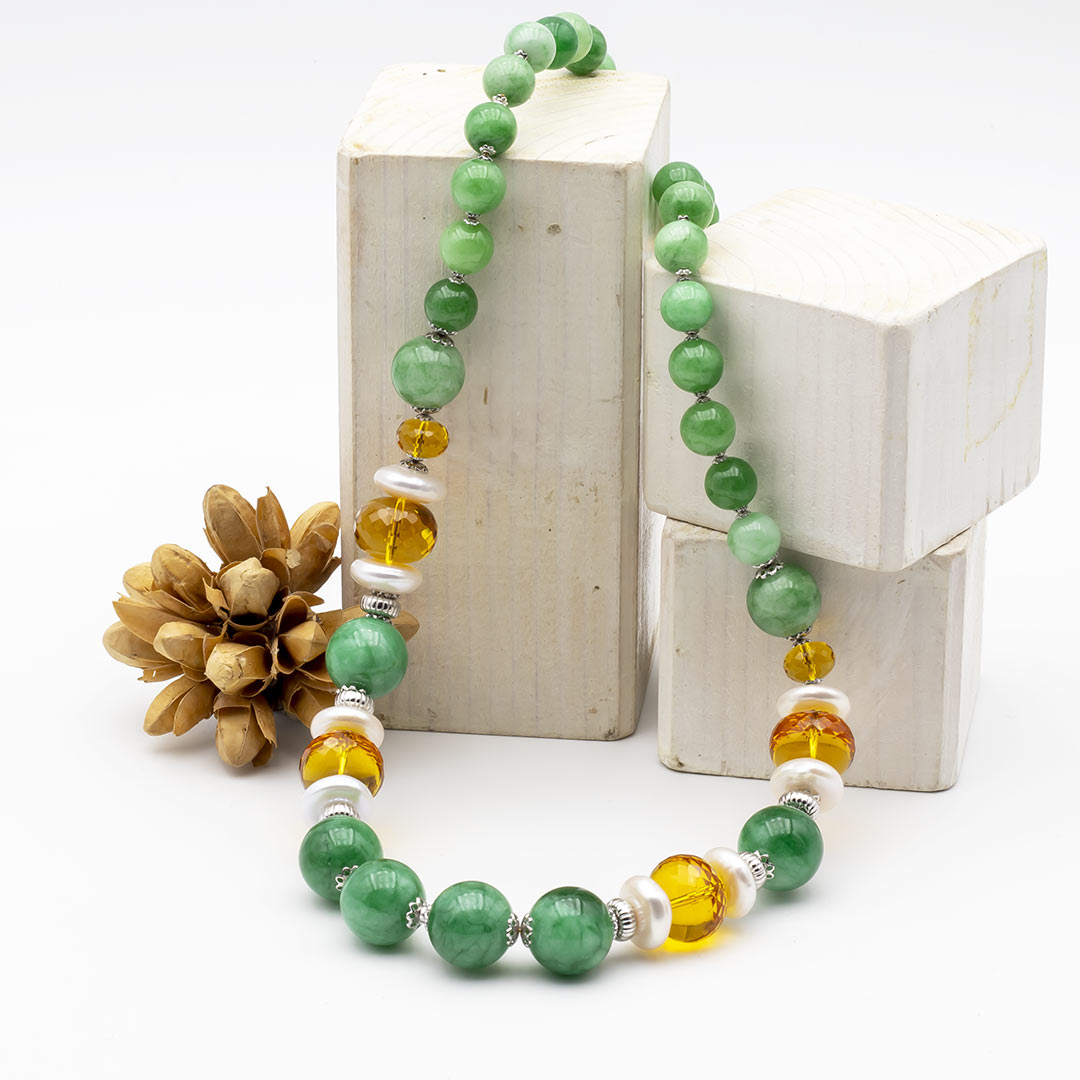 collana in pietre dure con giada verde quarzo citrino e perle in argento rodiato - via condotti store