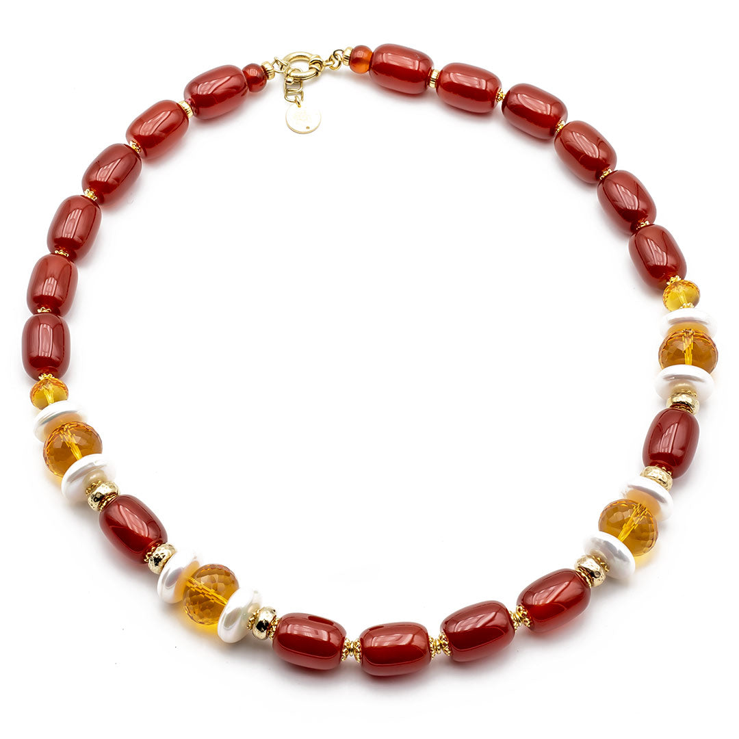 collana in pietre dure naturali e argento corniola citrino e perle lunghezza media - via condotti store