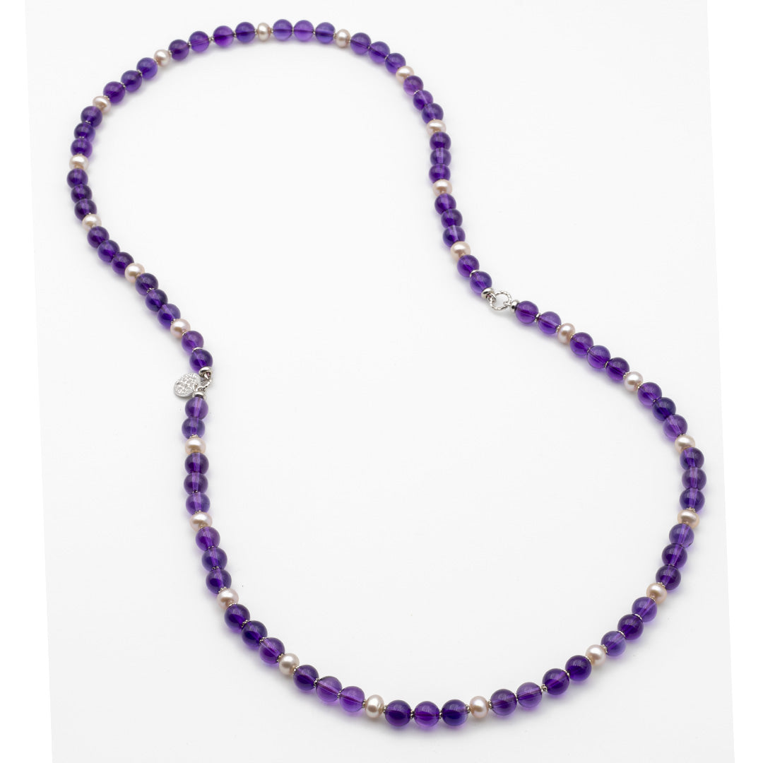collana lunga 80 cm con ametista e perle in argento 925 rodiato - via condotti store