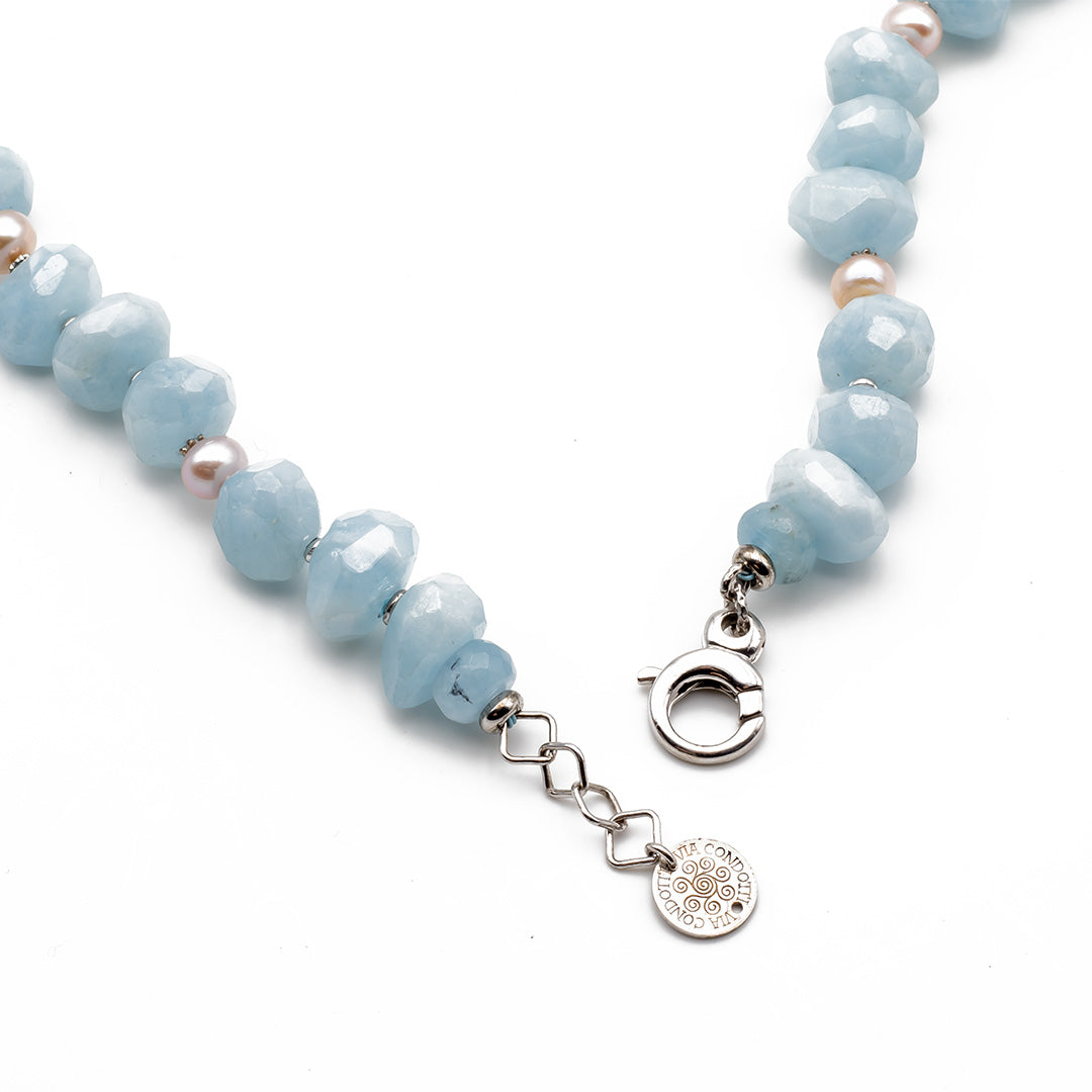 lunghezza regolabile della collana pietre dure in acquamarina grezza e perle in argento - via condotti store