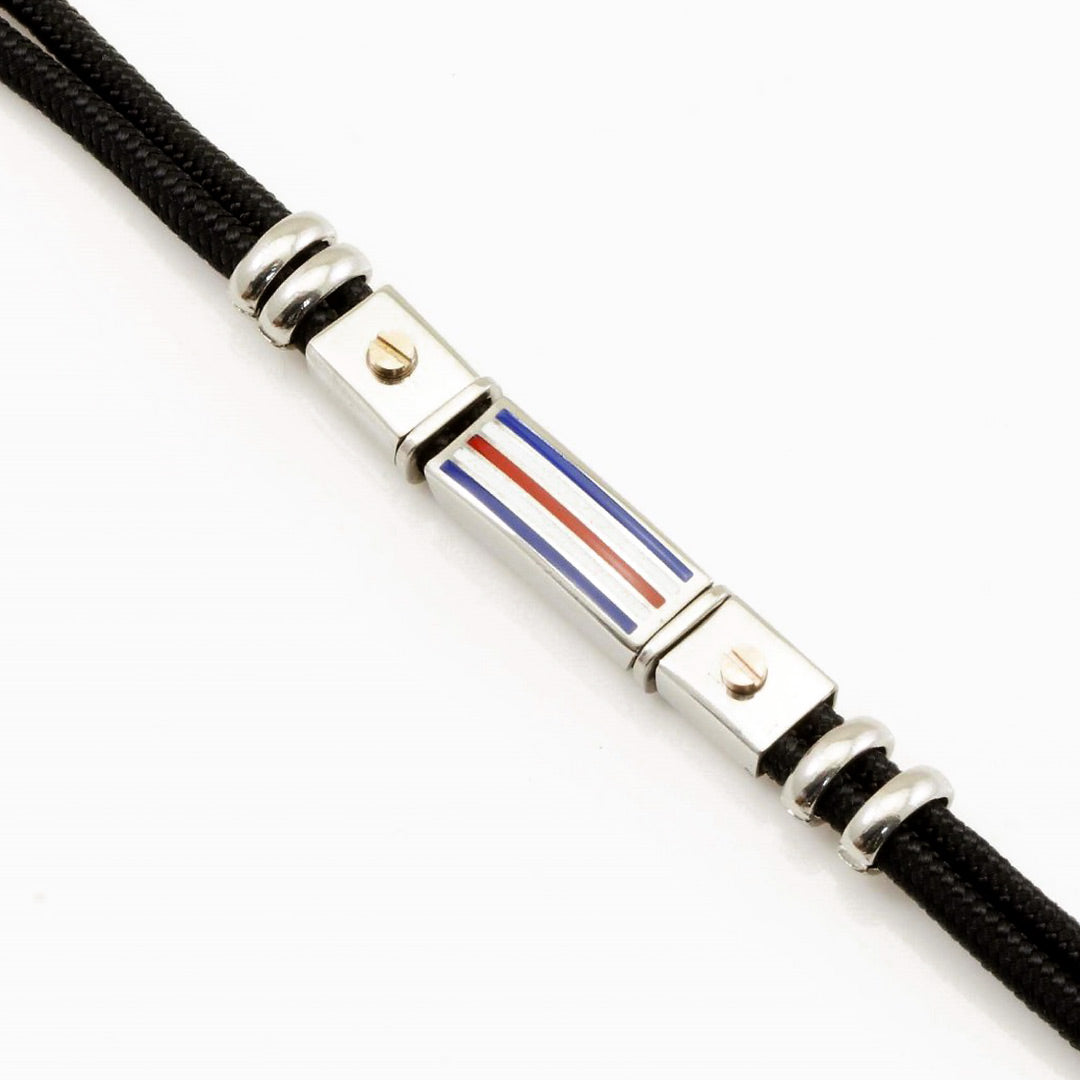bracciale da uomo con bandierine nautiche bianca blu rossa in corda nera e acciaio - via condotti store