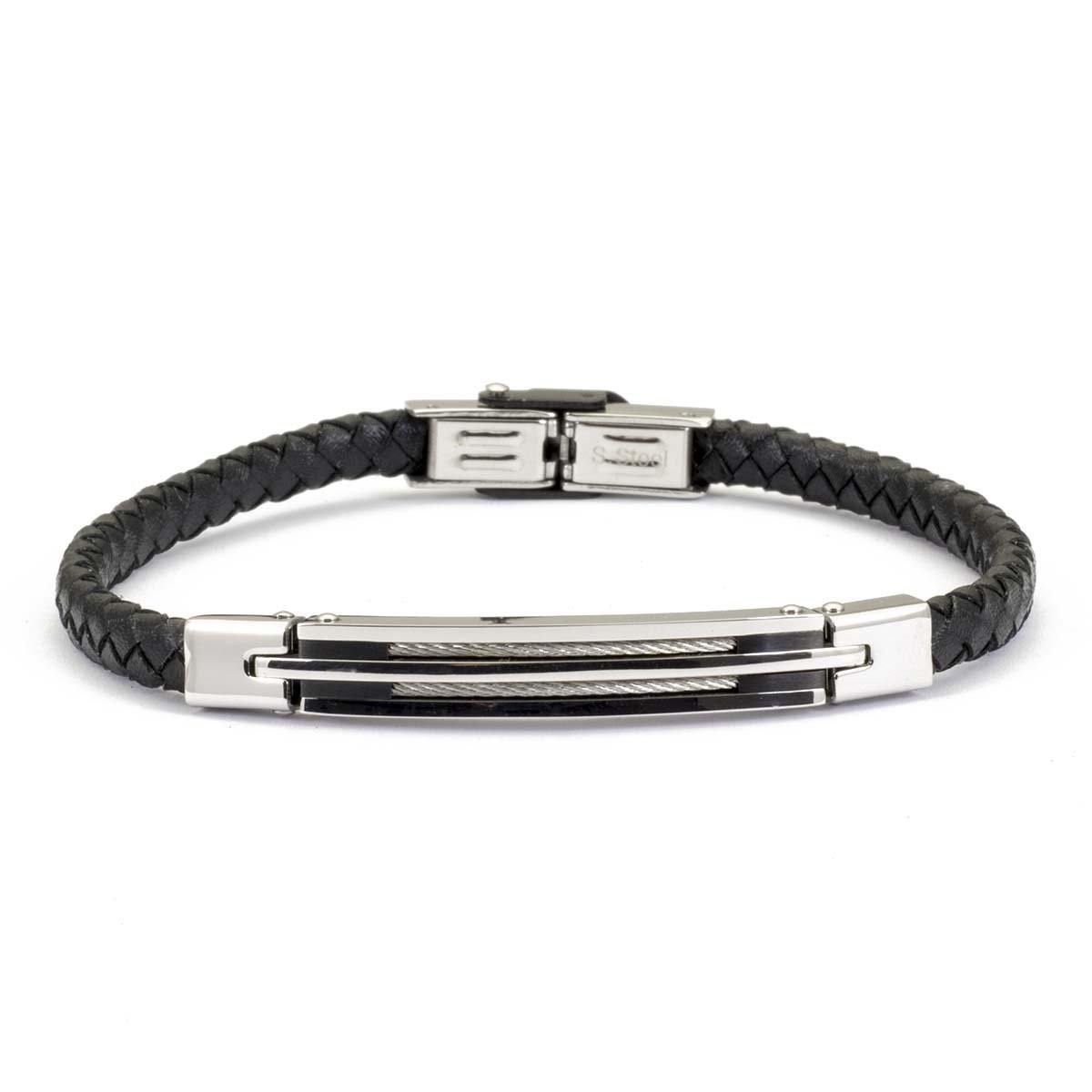 Bracciale da uomo in Pelle intrecciata nera con Cavi d'acciaio - via condotti store
