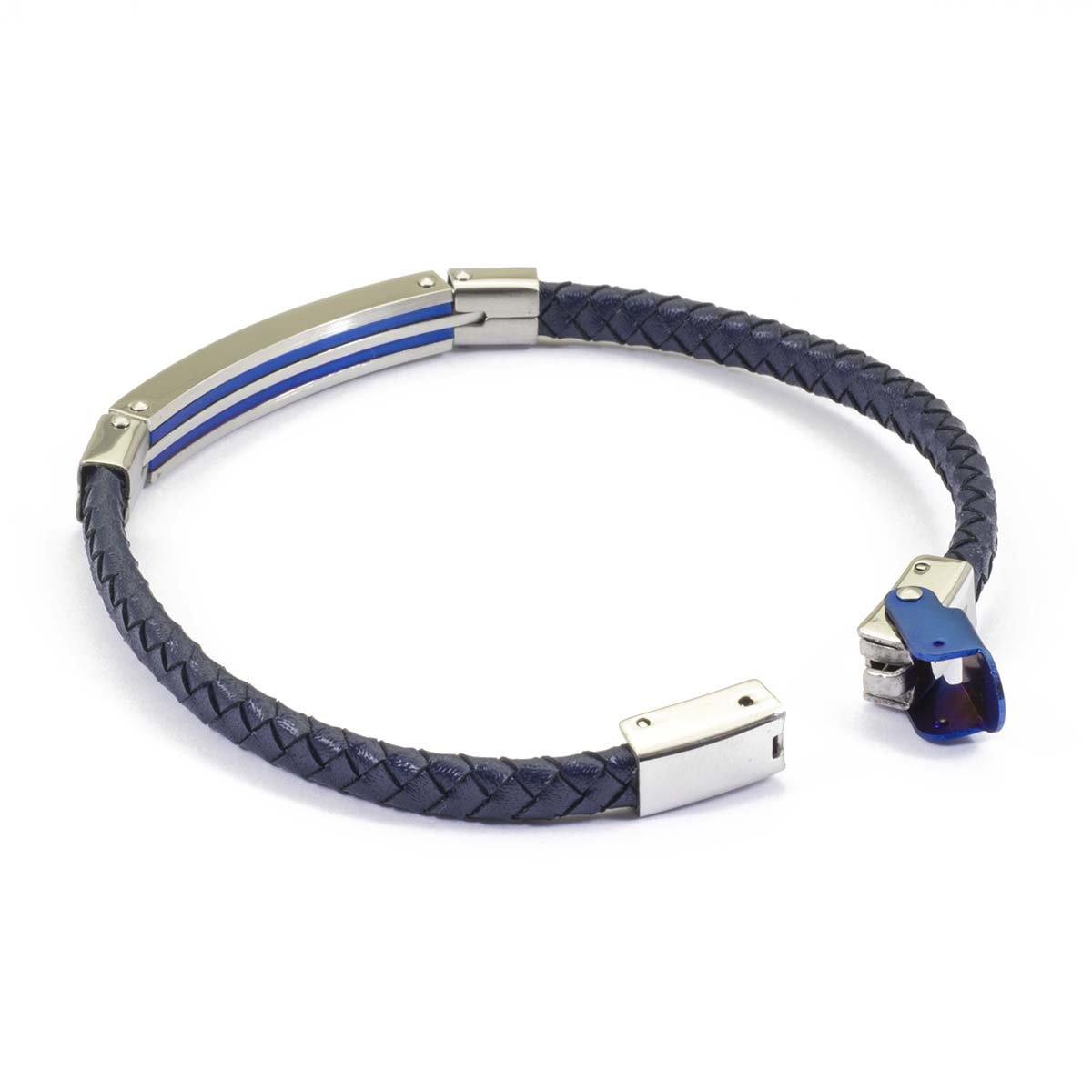 Bracciale da uomo in Pelle intrecciata blu con Cavi d'acciaio - via condotti store
