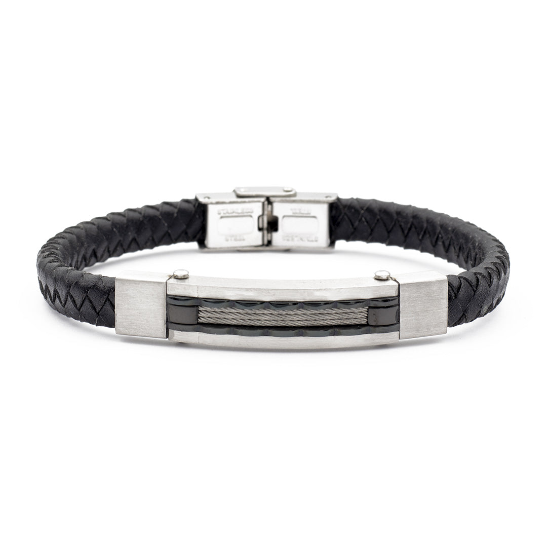 bracciale da uomo in pelle nera intrecciata e piastra con cavetti in acciaio - via condotti store