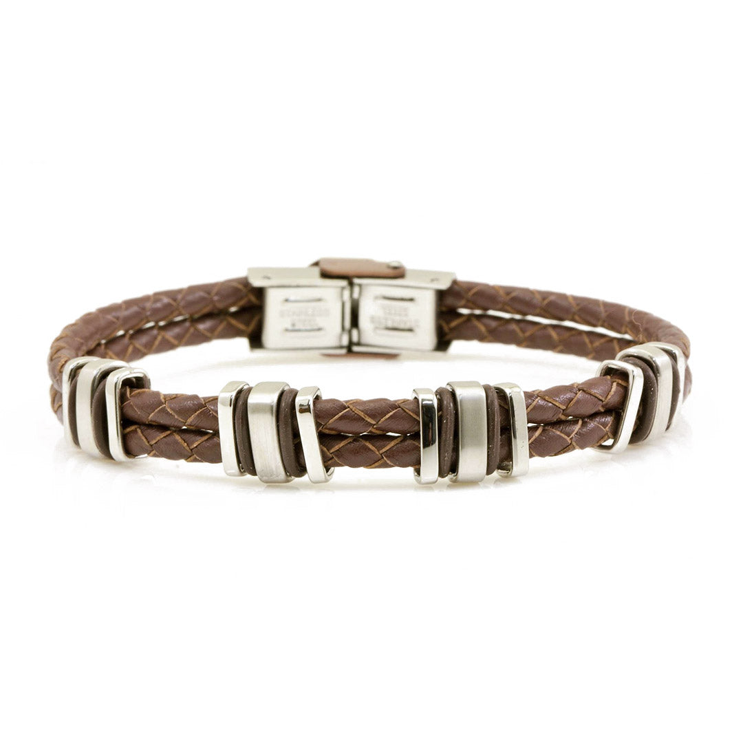 bracciale da uomo con doppio filo intrecciato di pelle colore marrone con inserti in acciaio - via condotti store