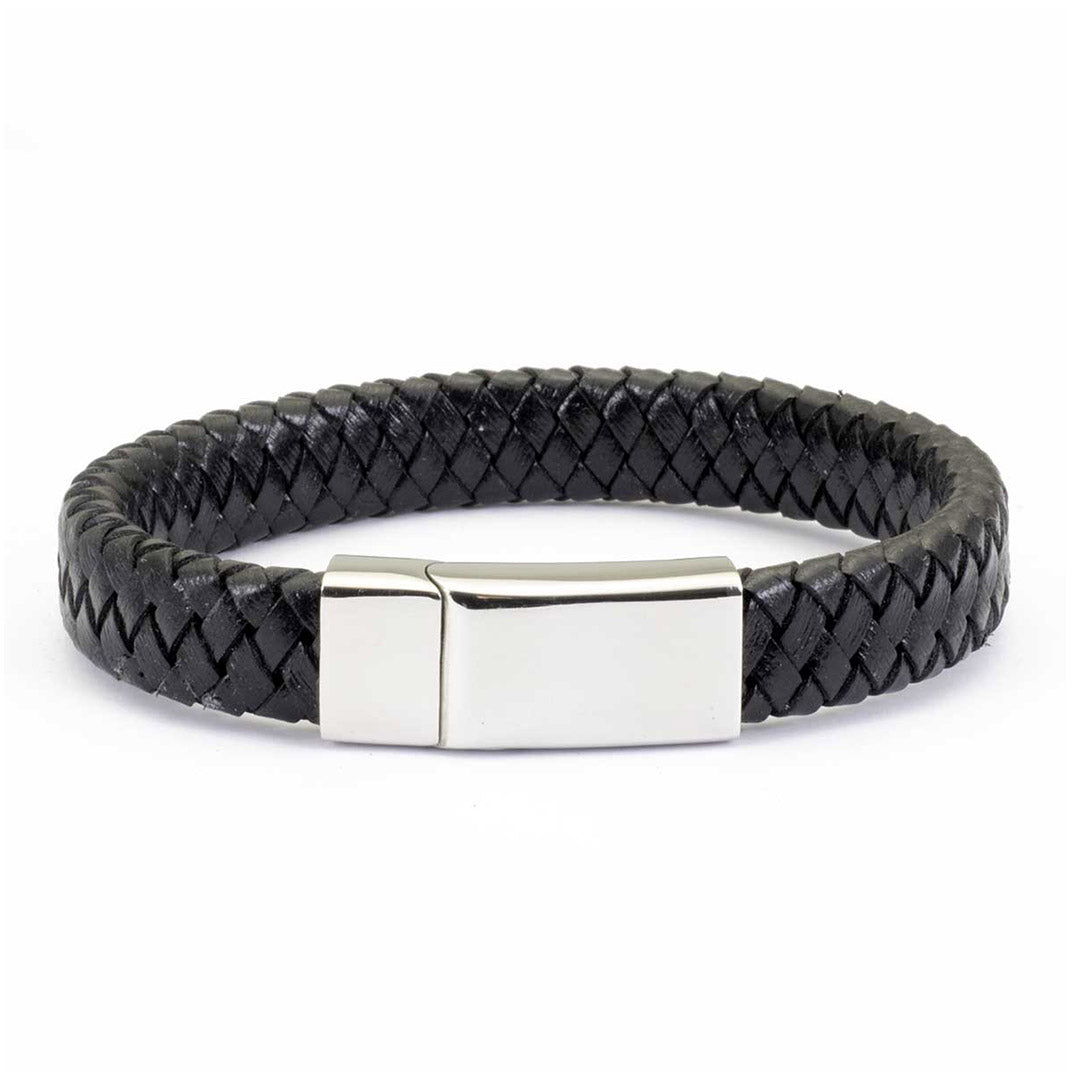 bracciale da uomo in acciaio e pelle intrecciata nera - via condotti store