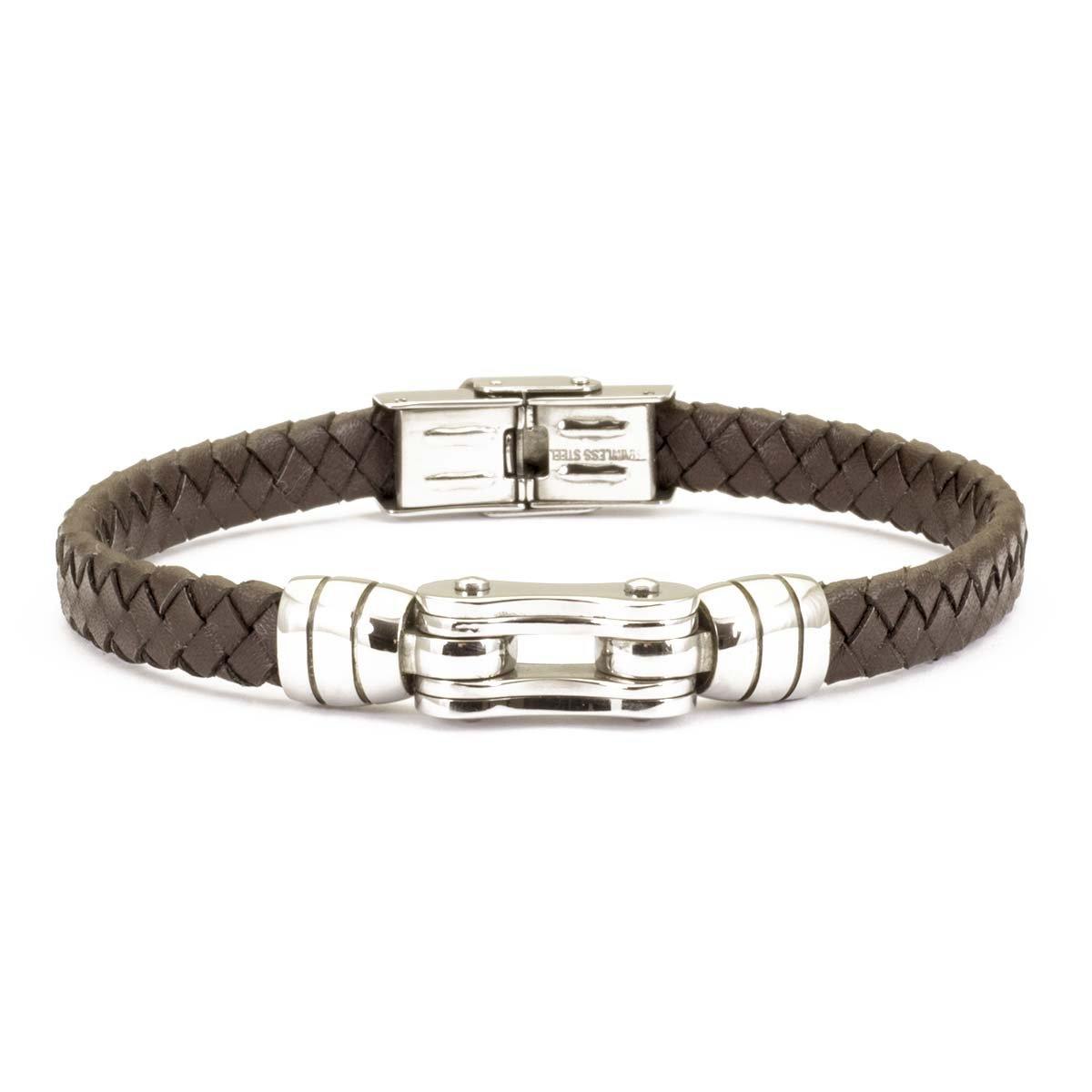 bracciale da uomo in acciaio e pelle marrone intrecciata - via condotti store