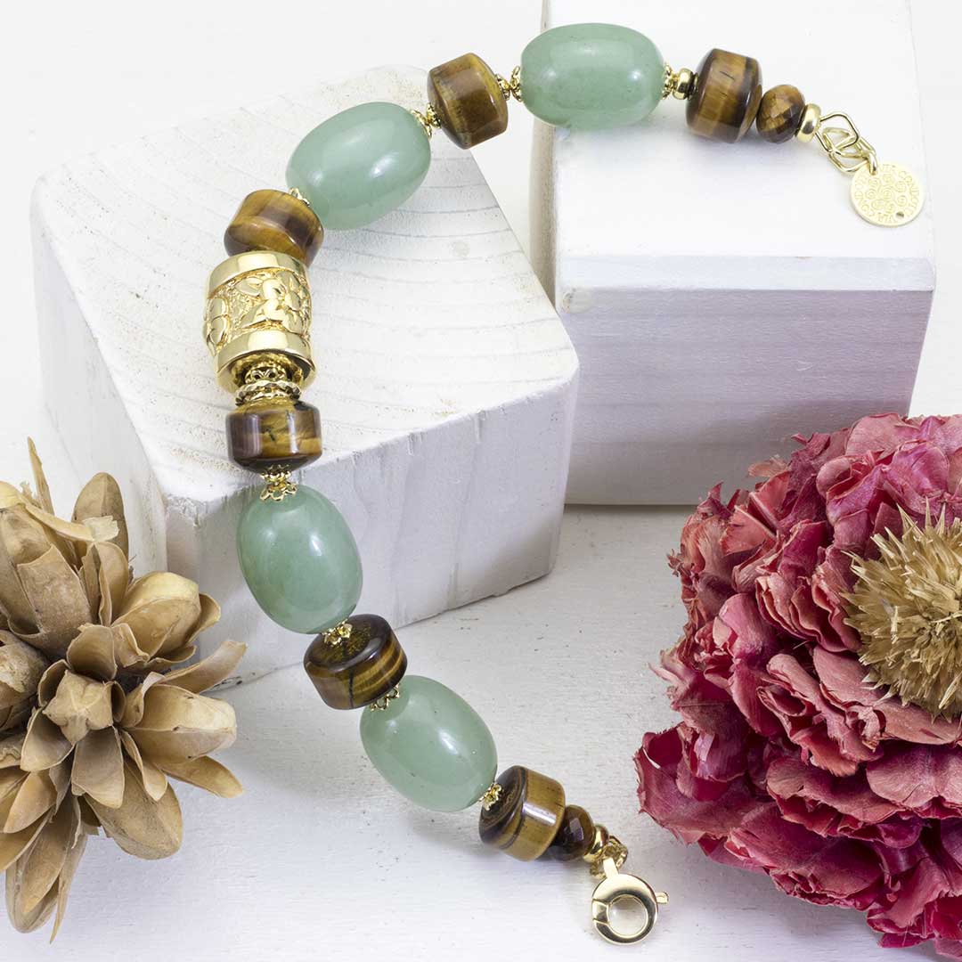 Bracciale in argento placcato oro con occhio di tigre e avventurina - via condotti store