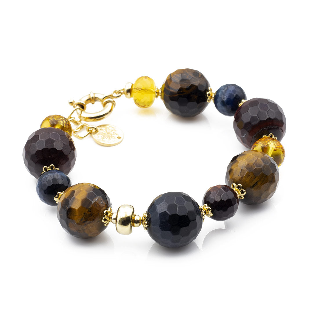 Bracciale Donna Unique Duo Con Pietre Naturali Occhio Di Tigre E Abrazina - Perle 8mm, Elastico, Energia Chakra - Regalo