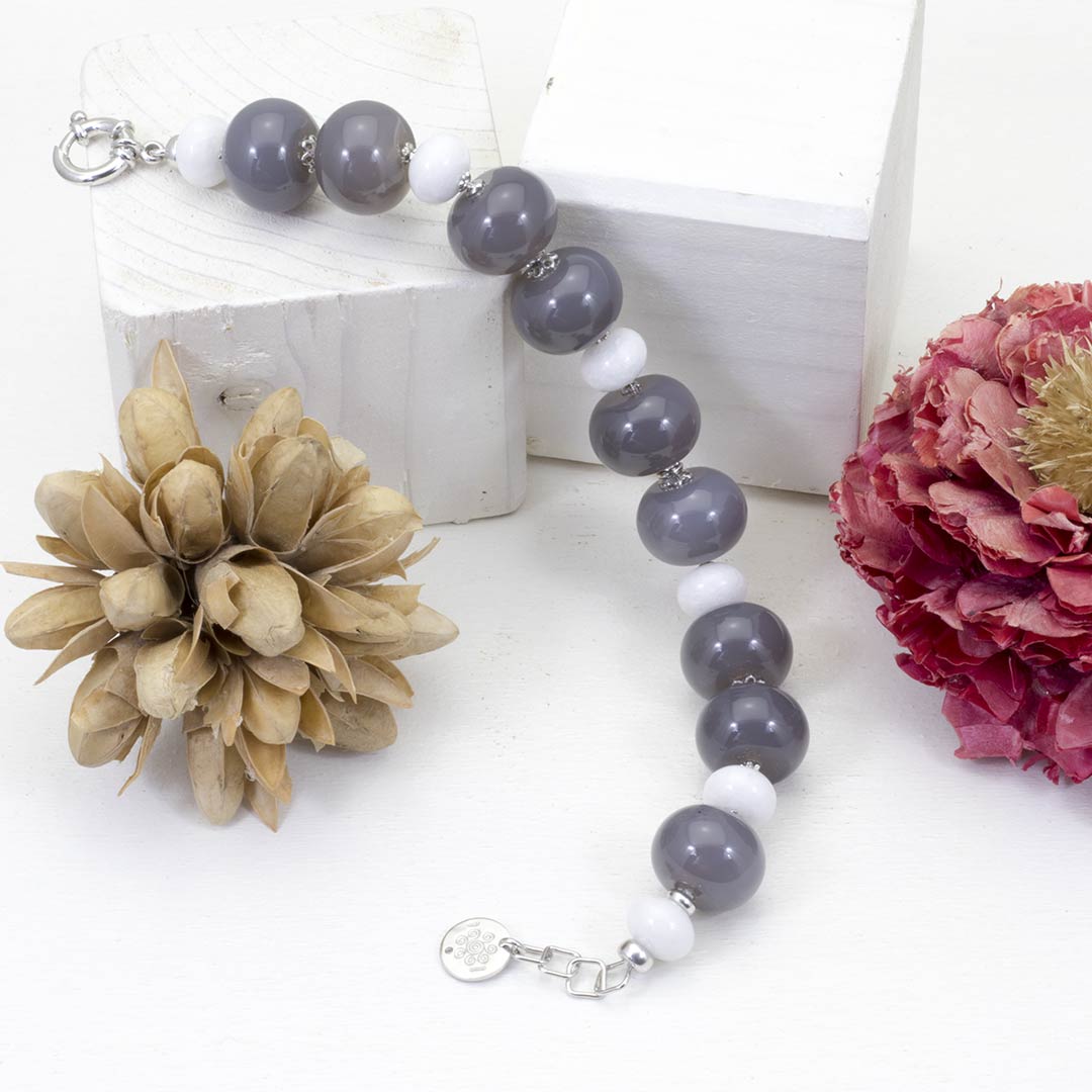 Bracciale con onice grigio e giada bianca in argento - via condotti store