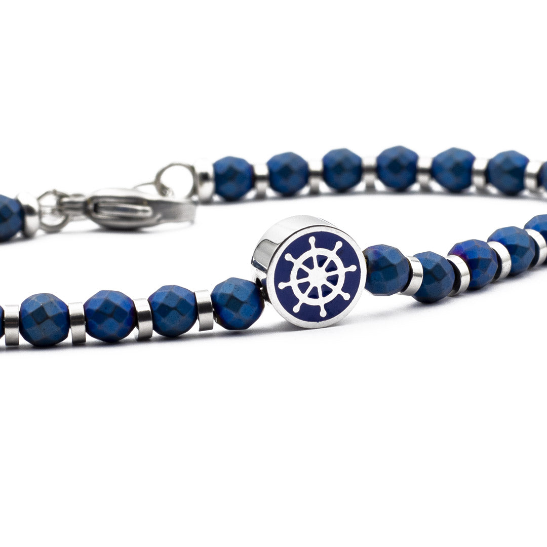 bracciale per uomo con sfere e timone nautico in acciaio blu - via condotti store