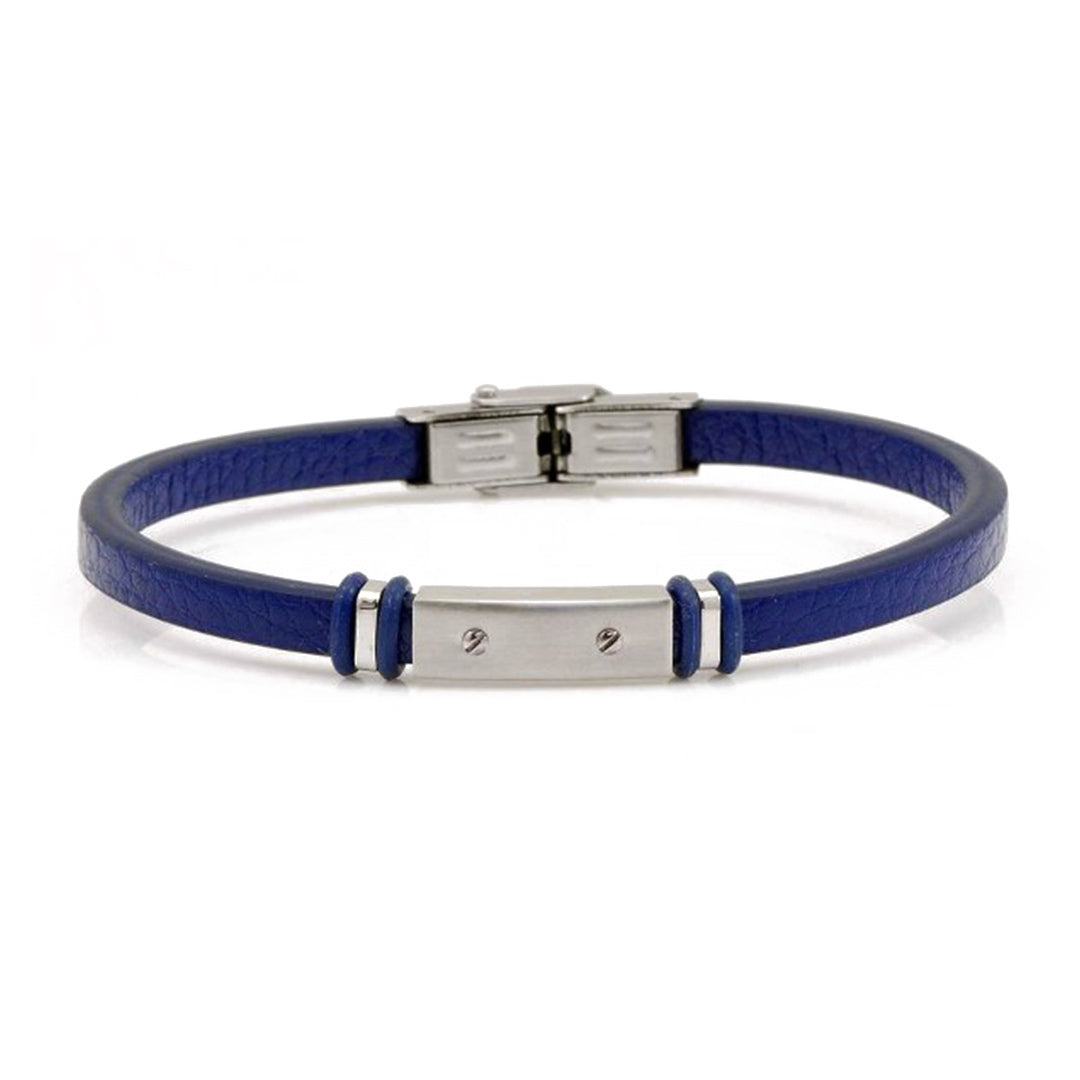 bracciale per uomo in cuoio blu e piastrina in acciaio - via condotti store