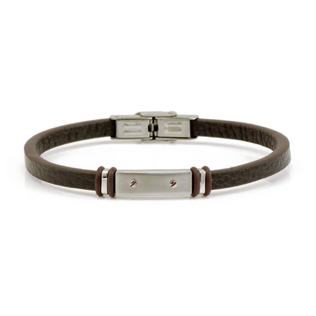 bracciale per uomo in cuoio marrone e piastrina in acciaio - via condotti store