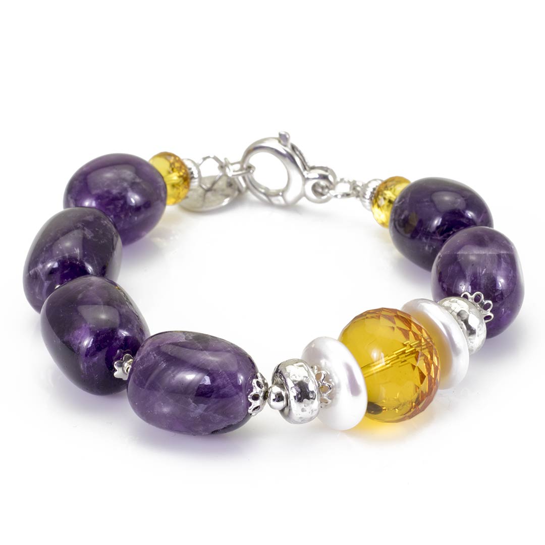 Bracciale in pietre dure e argento rodiato con ametista, quarzo citrino e perle - via condotti store