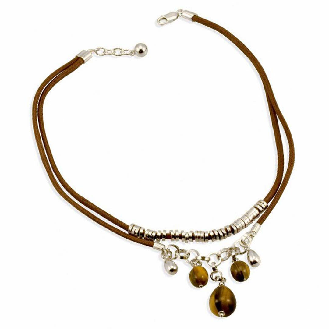 Collana in corda marrone con charms in Argento e Occhio di Tigre - via condotti store