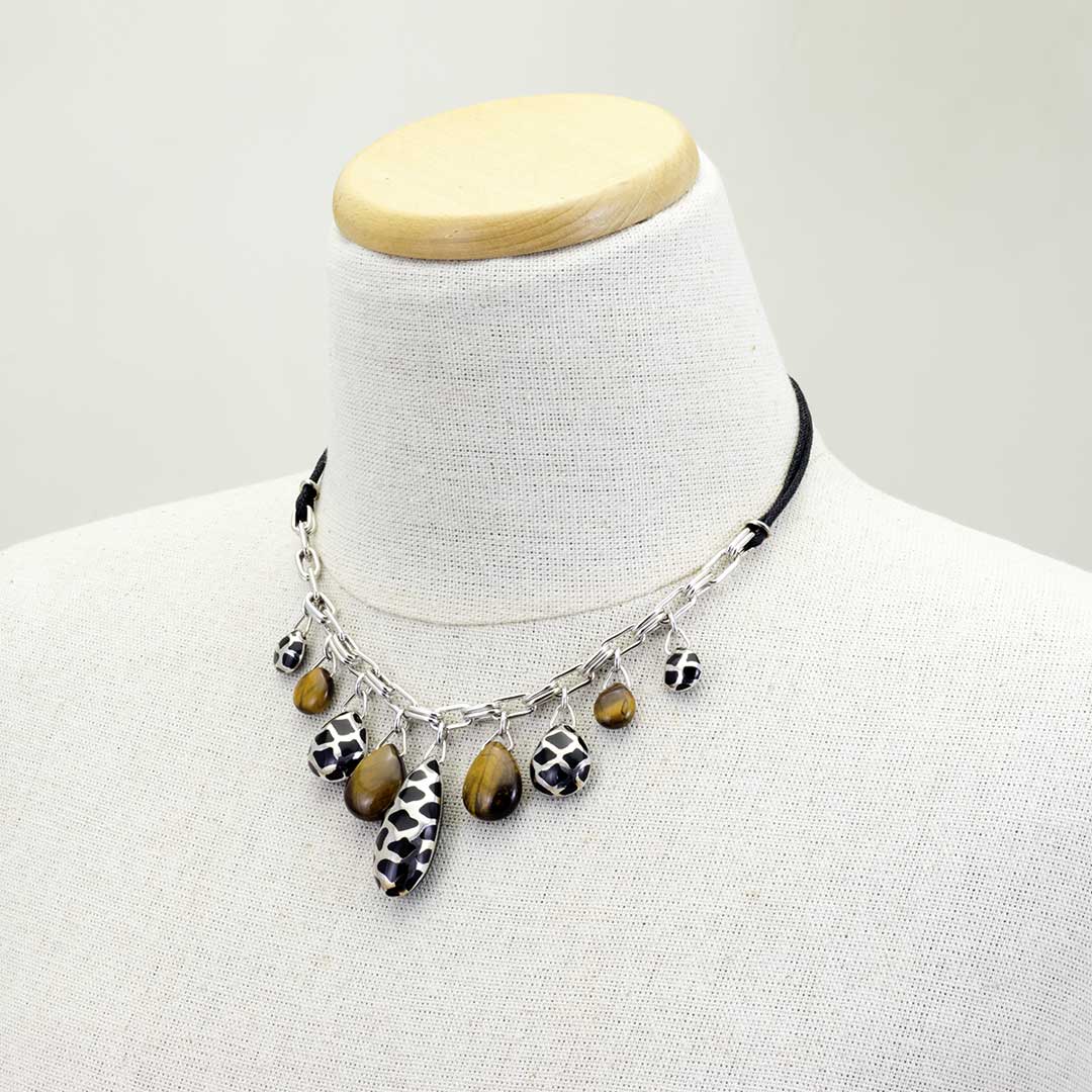 Collana in corda nera con pendenti in Argento e Occhio di Tigre - via condotti store