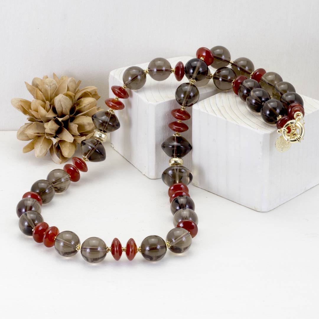 Collana con quarzo fumè e corniola in argento 925 placcato oro - via condotti store
