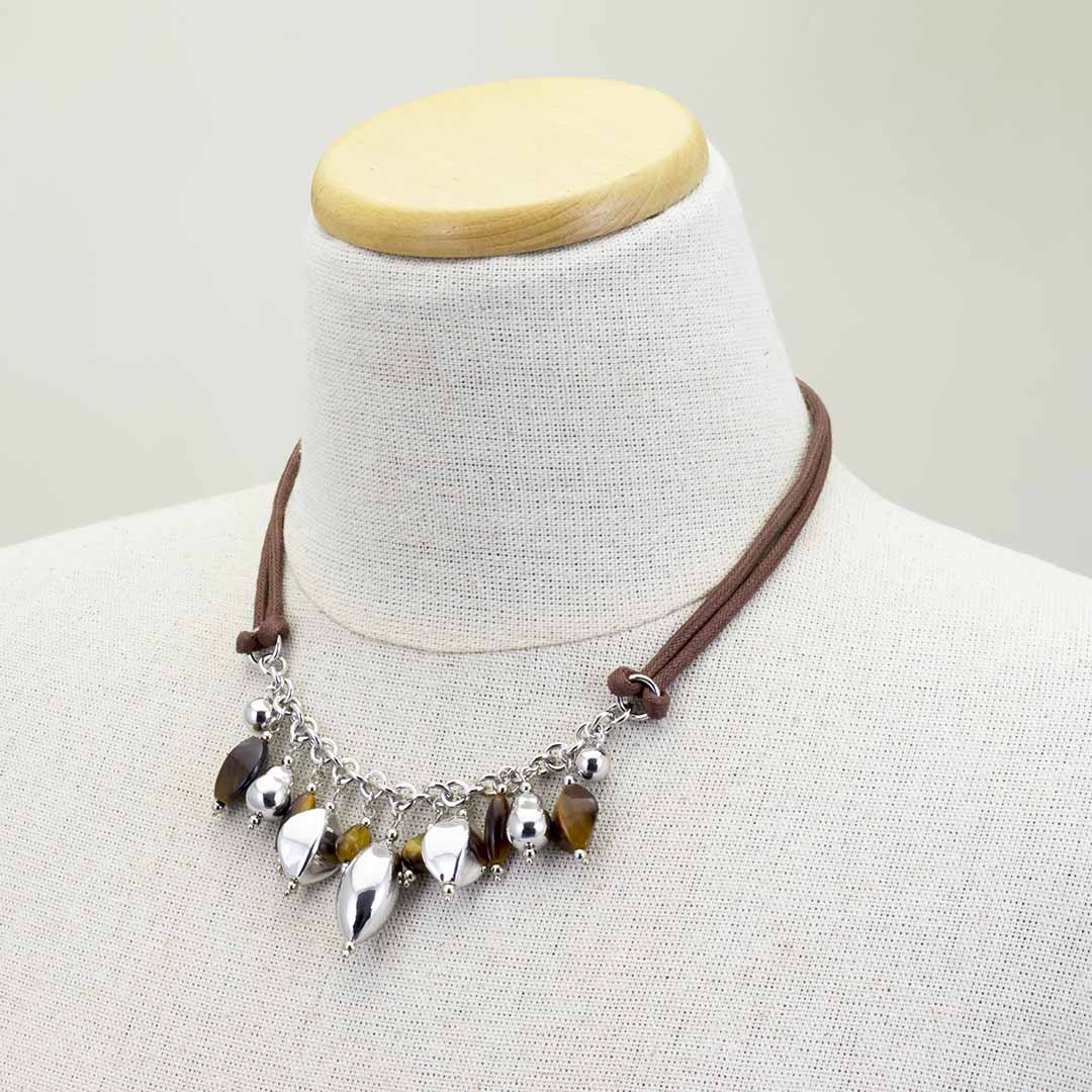 Collana in corda marrone con pendenti in Argento e Occhio di Tigre - via condotti store