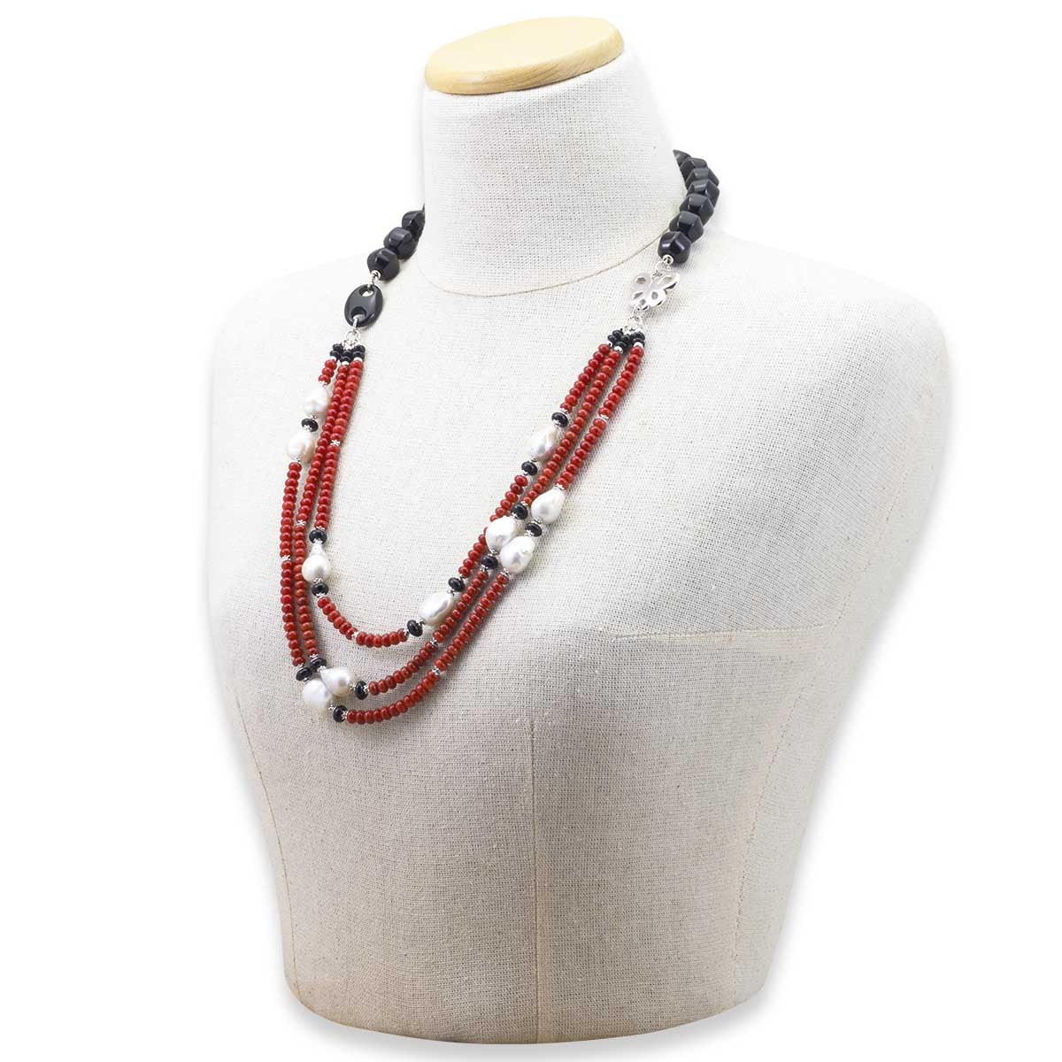 Collana in Argento e pietre dure con Corallo, Onice e Perle scaramazze - via condotti store