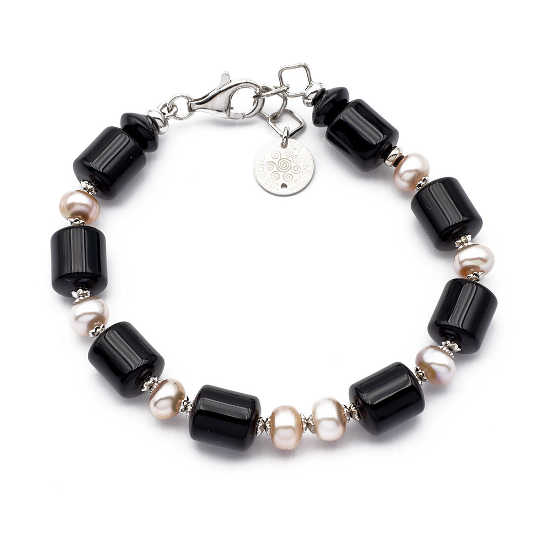 bracciale in argento rodiato con perle e onice nero - via condotti store