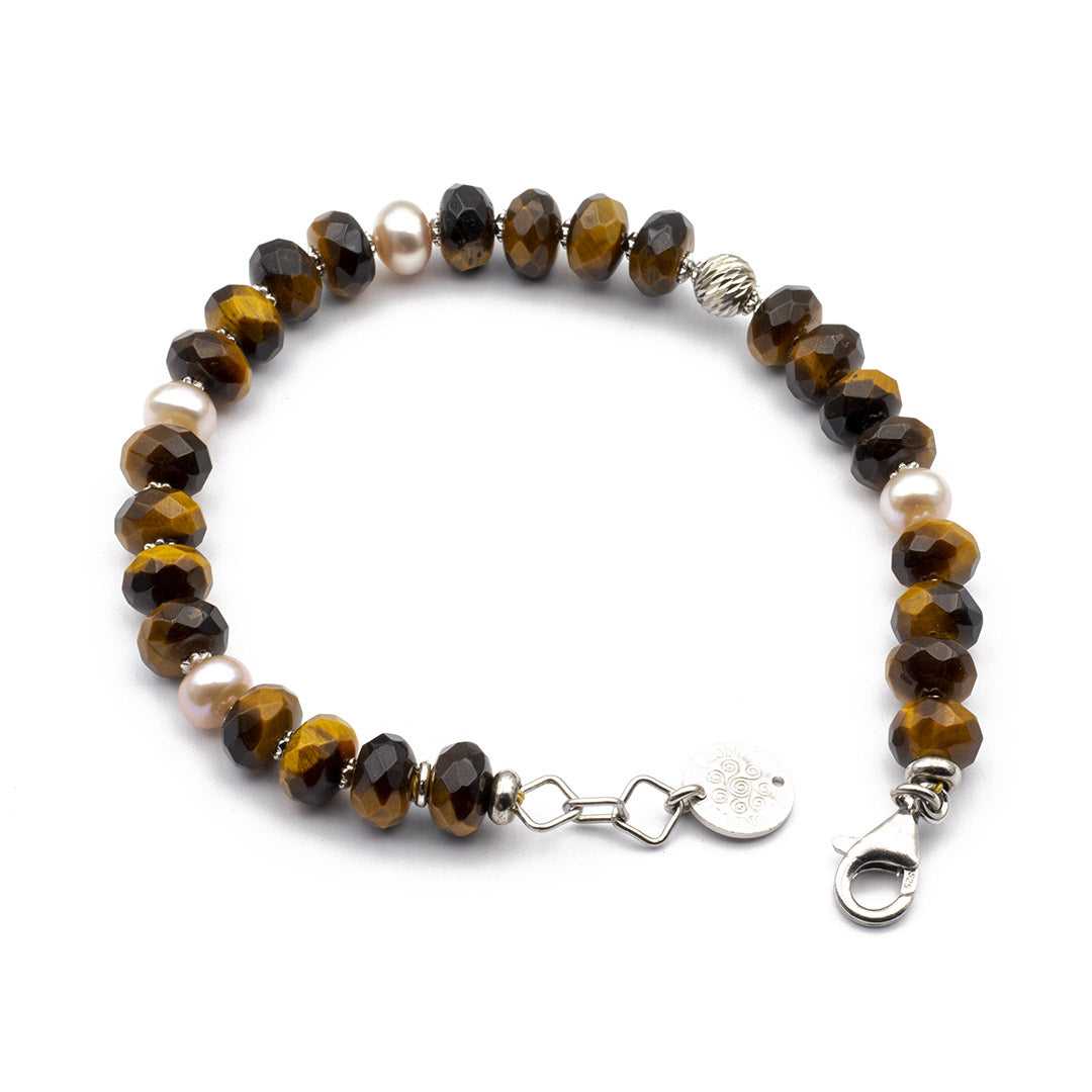 lunghezza regolabile del bracciale in occhio di tigre e perle con inserti in argento rodiato - via condotti store