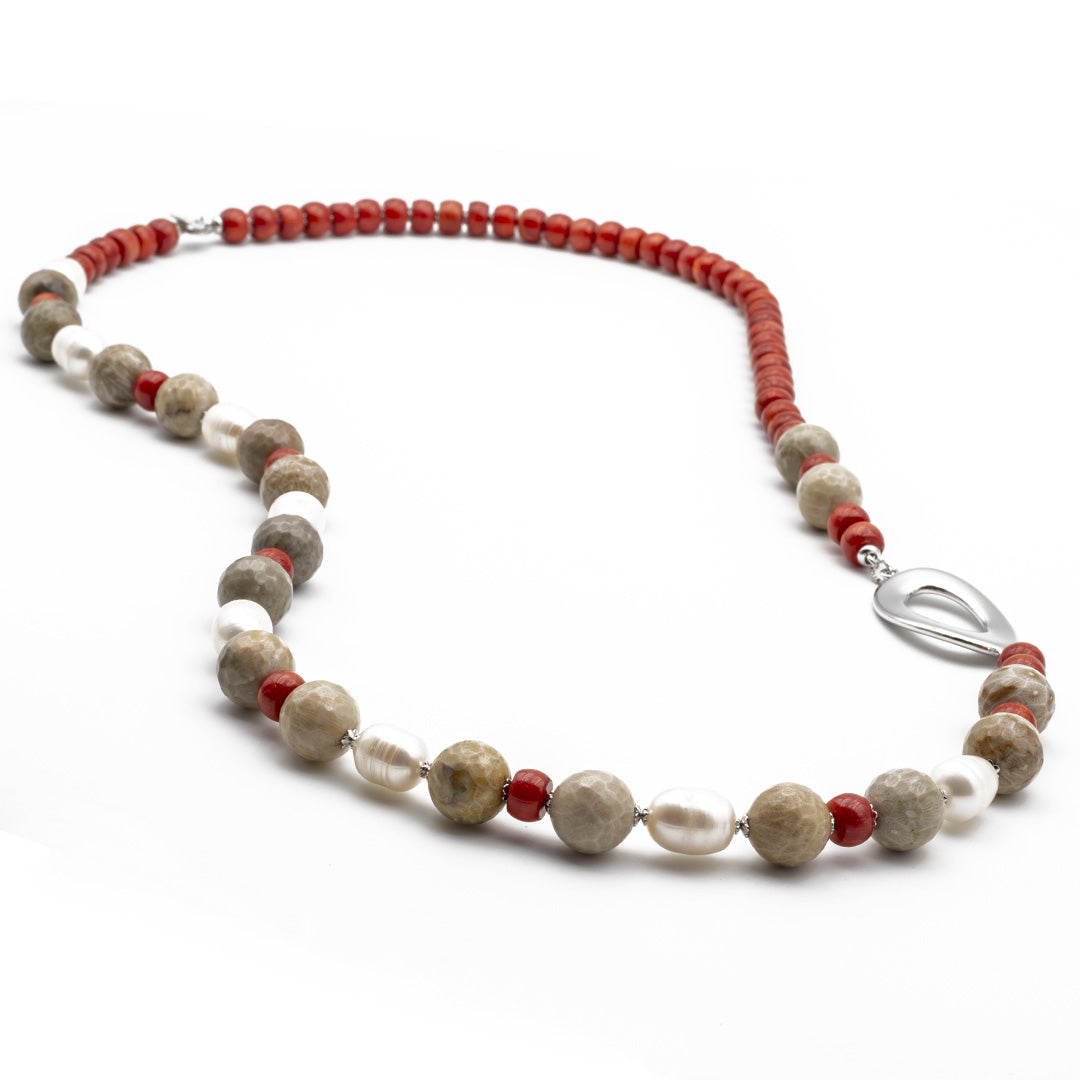 collana con corallo perle e grossularia in argento rodiato - via condotti store
