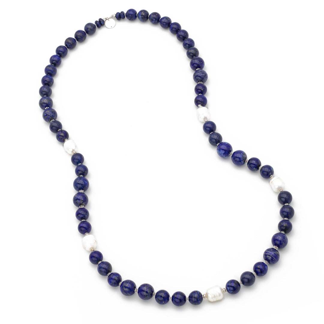 collana in lapislazzuli e perle barocche con argento lunga 86 centimetri - via condotti store