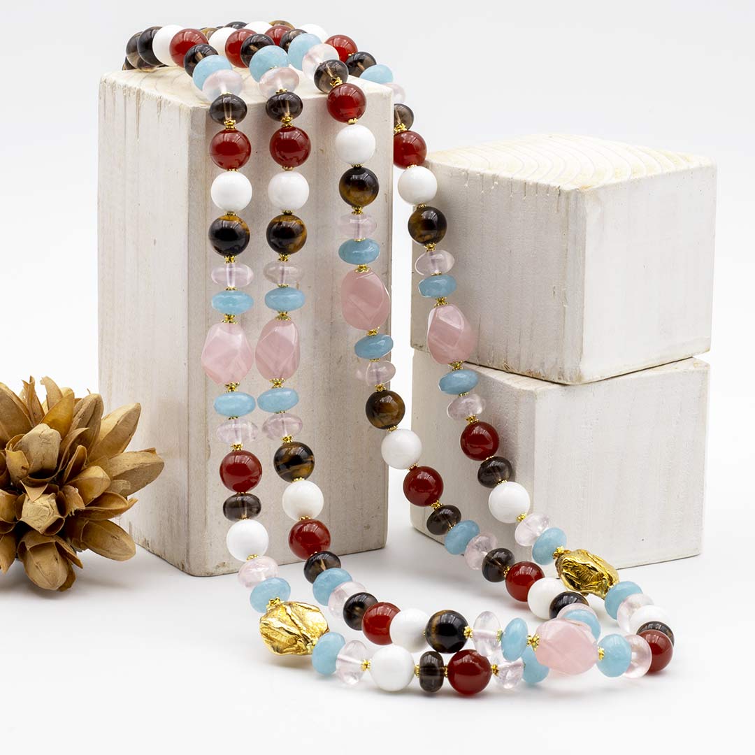 collana doppio giro in pietre dure semipreziose multicolore e argento 925 placcato oro - via condotti store