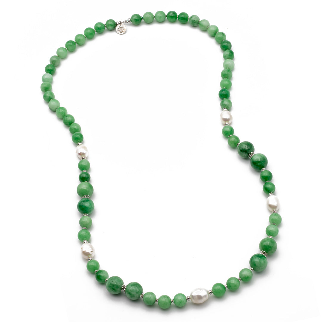 collana lunga 82 centimetri in pietre dure e argento con giada verde e perle barocche - via condotti store