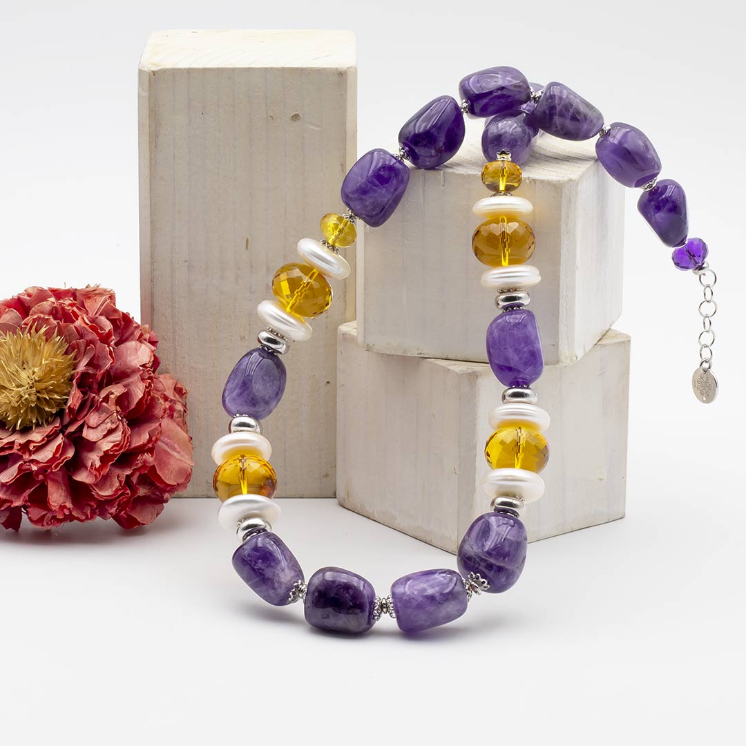 collana di pietre dure con ametista, quarzo citrino e perle - via condotti store