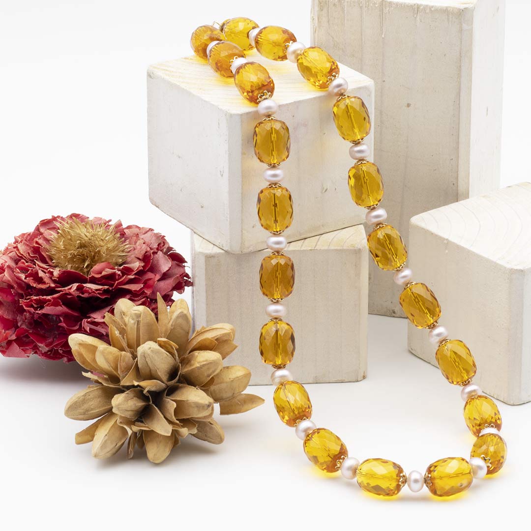 collana in quarzo citrino e perle con argento placcato oro - via condotti store
