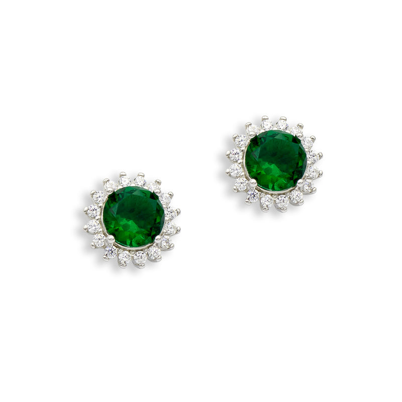 orecchini a lobo con zirconi e argento pietra verde smeraldo al centro e bianche di contorno - via condotti store