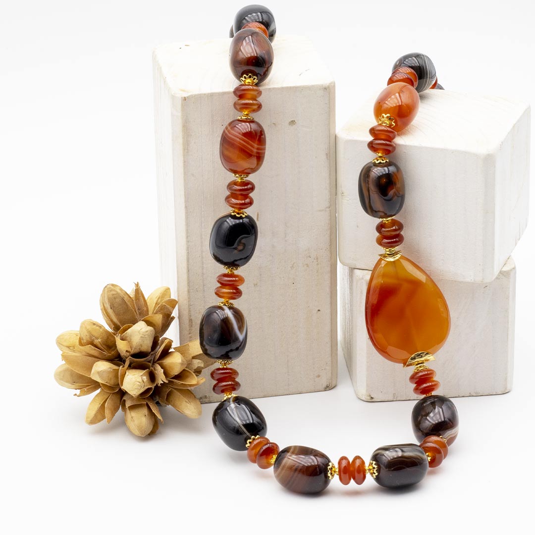 collana particolare in agata variegata e corniola con argento placcato oro - via condotti store