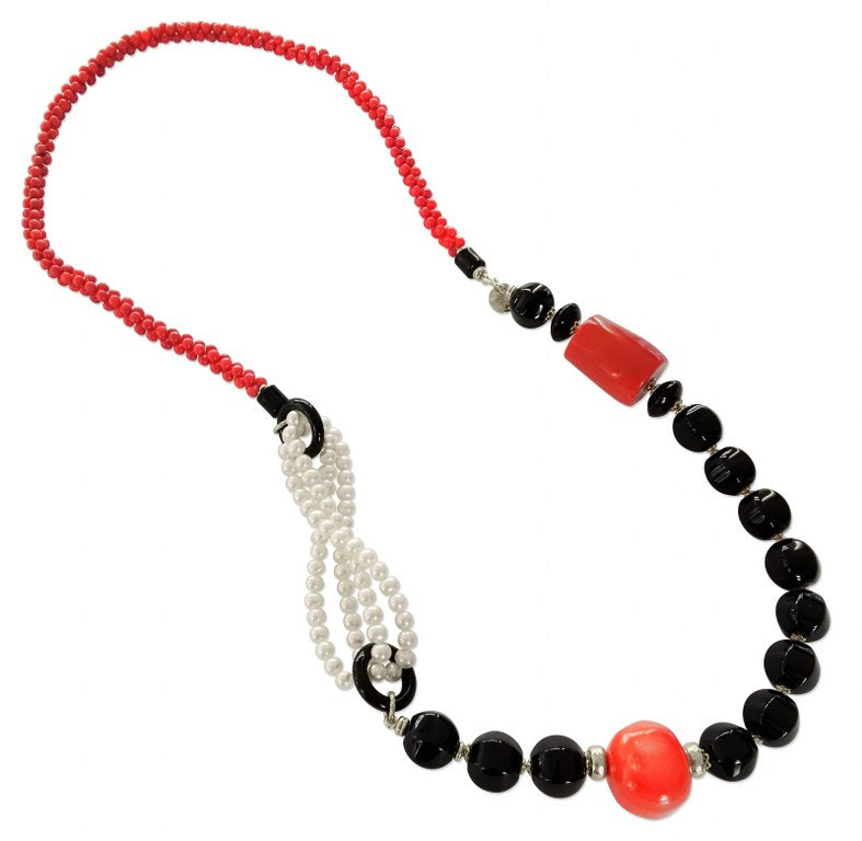 Collana in Argento con Corallo, Onice e Perle - via condotti store