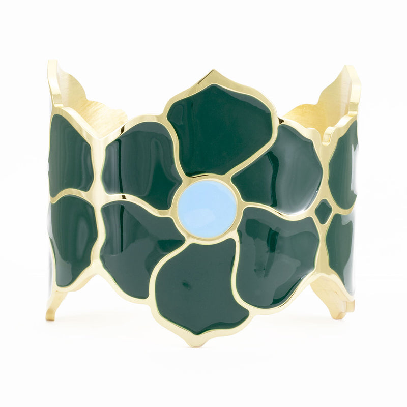 Bracciale a fiori placcato oro e smaltato a mano francesca bianchi design colore verde inglese e azzurro - via condotti store