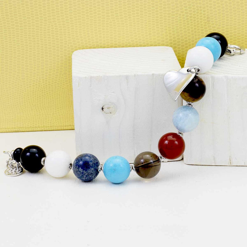 bracciale in argento rodiato con pietre dure semipreziose multicolor e ciondolo a cuore in argento - via condotti store