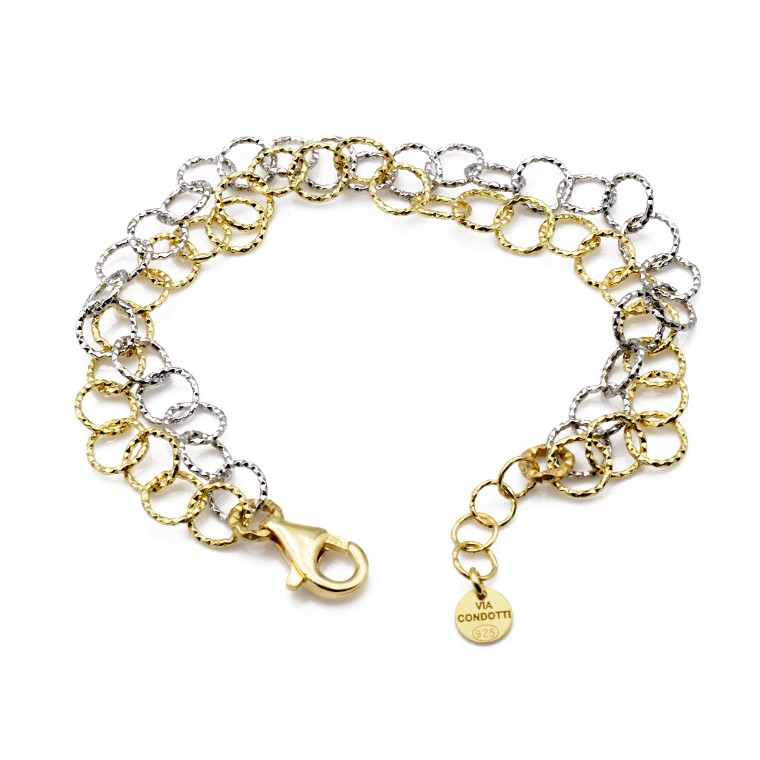 lunghezza regolabile del bracciale da donna con doppia catena a cerchi diamantata in argento placcato oro e rodiato - via condotti store