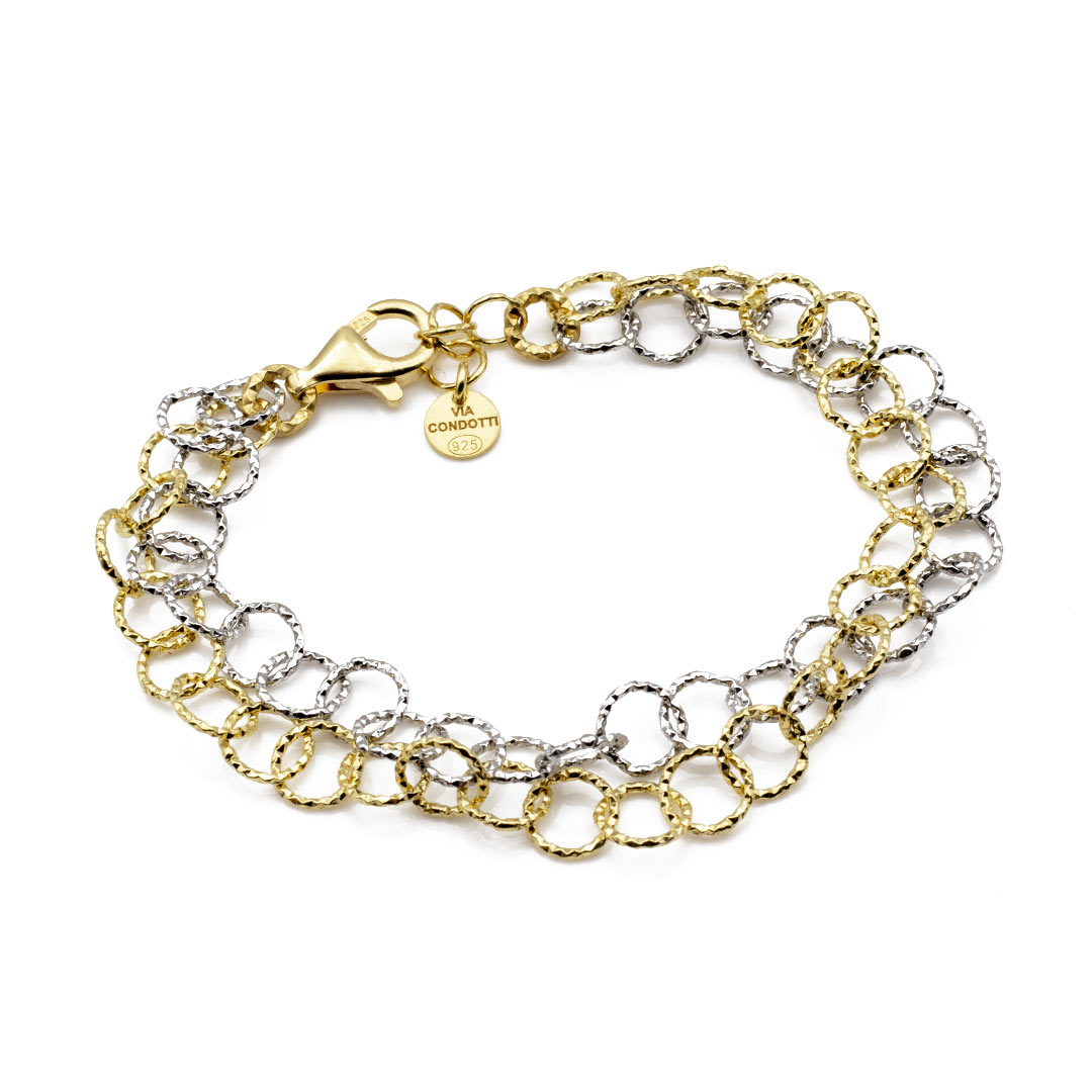 bracciale con doppia catena a cerchi diamantata da donna in argento placcato oro e rodiato - via condotti store