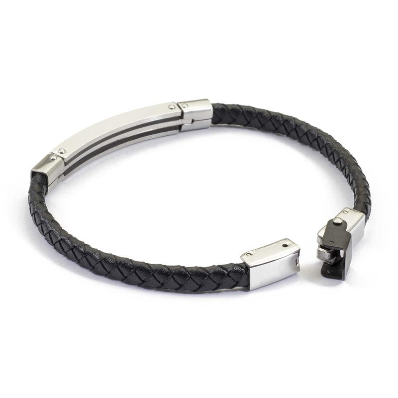 Bracciale da uomo in Pelle intrecciata nera con Cavi d'acciaio - via condotti store